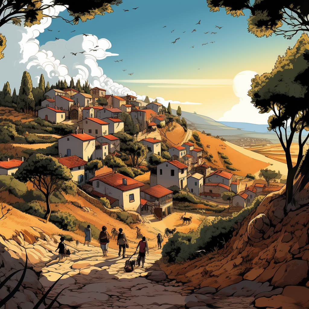 Beautiful sunny morning in the village, cartoon style